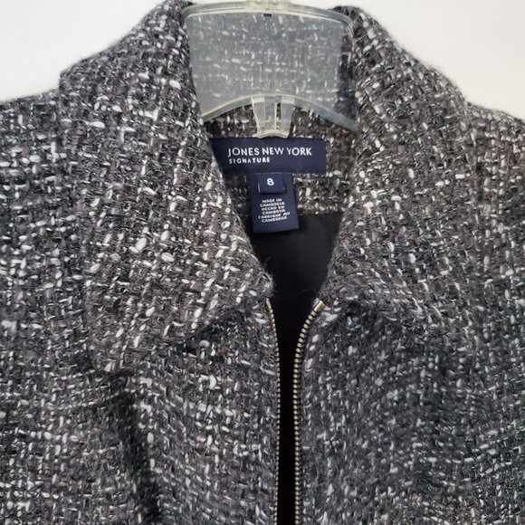 Vintage Women's Wool Blazer Jacket Zip Up Woven Knit Grey White Tweed JONES NY - Picture 3 of 10